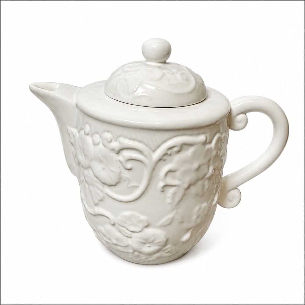 Bordallo Pinheiro Teapot Floral Embossed White Ceramic Portugal Vintage